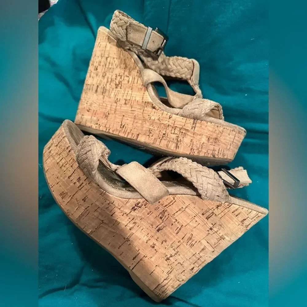 Y2K Soda Sotto-S Wedge in Stone Platform Woven Cork Espadrilles Sandals sz 9